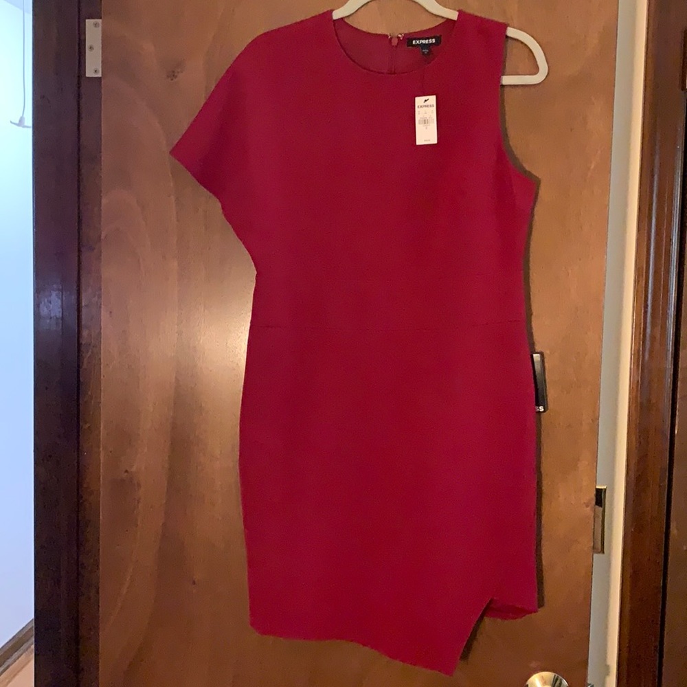 Express red, asymmetrical shoulder mini dress